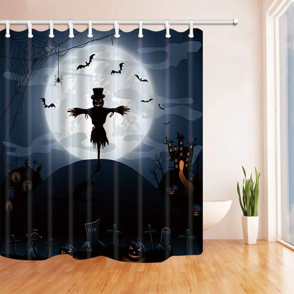 Scarecrow Shower Curtains Halloween Night Background with Castle and