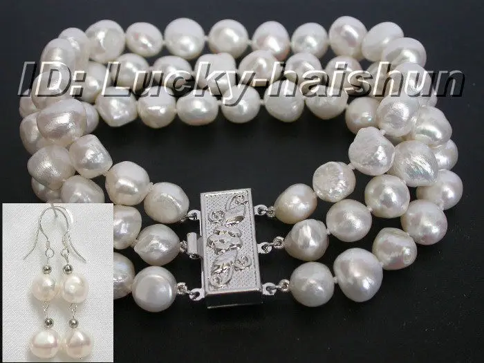 

Free shipping hot sale Women Bridal Wedding Jewelry >>8" baroque 3row white pearl Bracelet Earrings