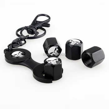 

40 x Car Styling Stainless Steel Zinc Alloy Wheel Tire Valve Stem Caps Punisher Skull Universal Fit With Mini Wrench Key Chain