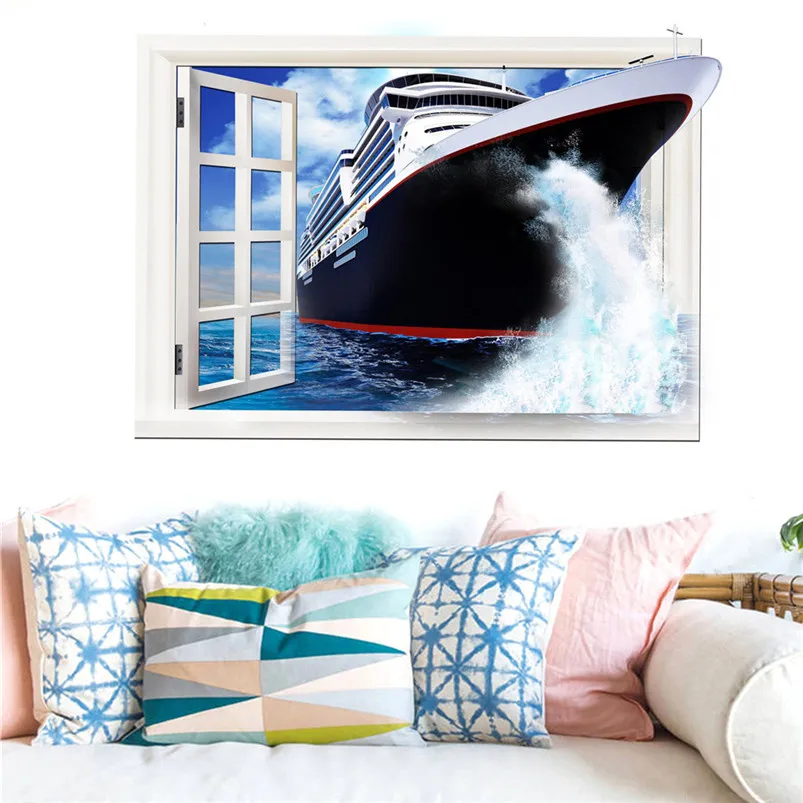 3D Wall Stickers Star Galaxy Space Beach Ship Home Decor Art Fake Window New Wall  Removable Stickers Adesivo De Parede 30MR708