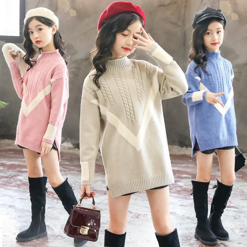 

New 2018 Autumn Winter Girls Plus Velvet Thick Kids Sweaters Big Children Korean Warm Hooded Baby Girl Knit Sweater Shirt CA089