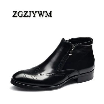 

ZGZJYWM New British Style Carved Pattern Genuine Leather Zip Martin Man's Business Office Formal Ankle Boots Men Wedding Shoes