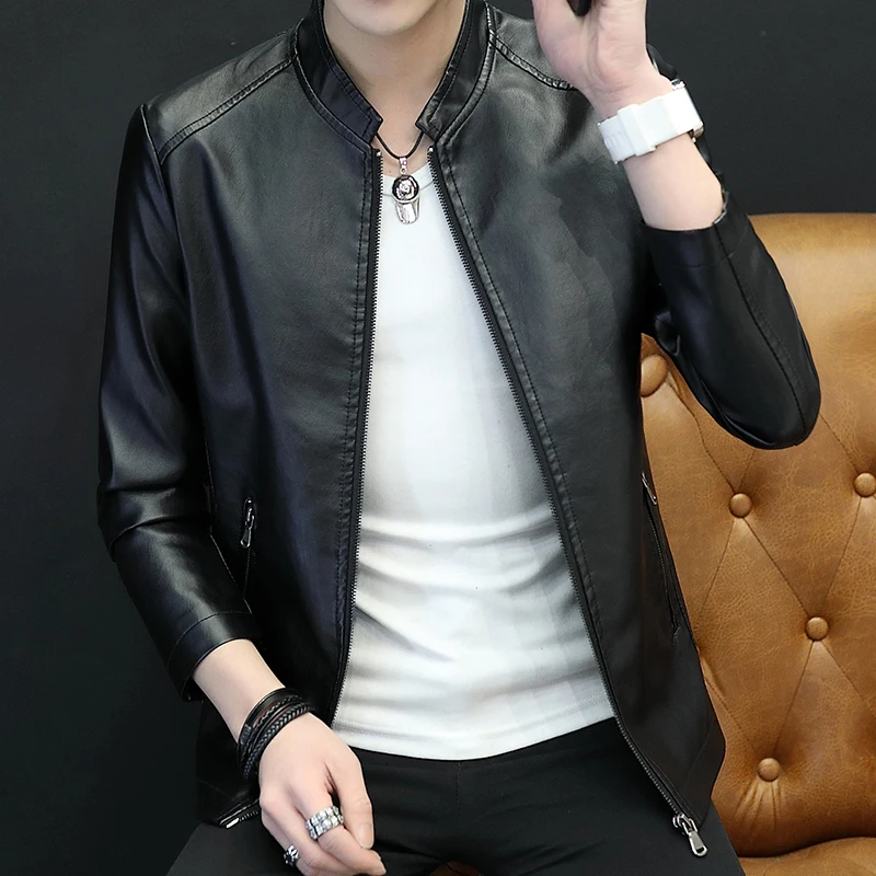 

2019 Spring and Autumn Summer Casual Fashion Men's Collar Solid Color Leather Jacket Coat Comfortable Zipper Men's Slim Jacket