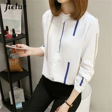 Jielur Long Sleeve Shirt Blue Striped Shirt Womens Tops Blouses 2019 New Autumn Blouse Femme Button S-XL White
