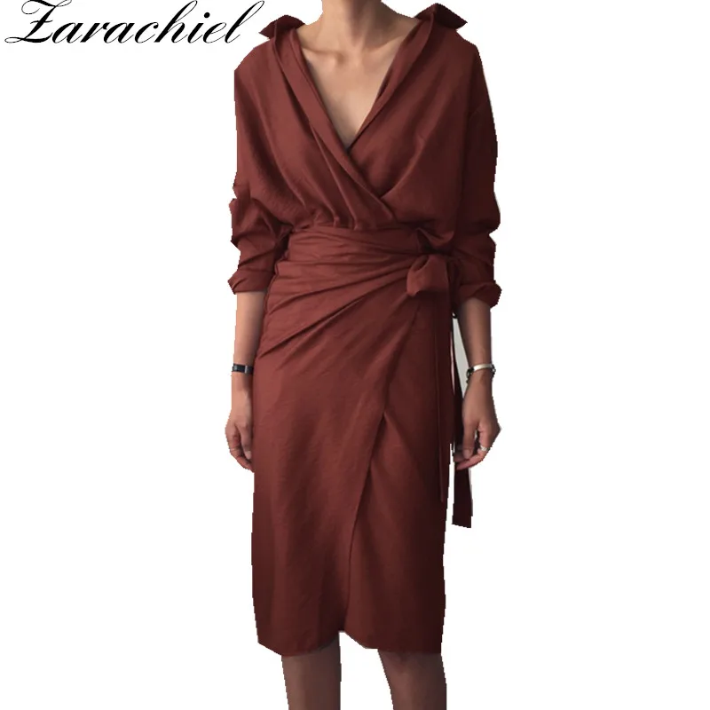 

Zarachiel Chic 2019 Spring Women Deep V-Neck Long Sleeve High Waist Self Belt Wrap Dress Kimono Split Bodycon Sexy Midi Dresses