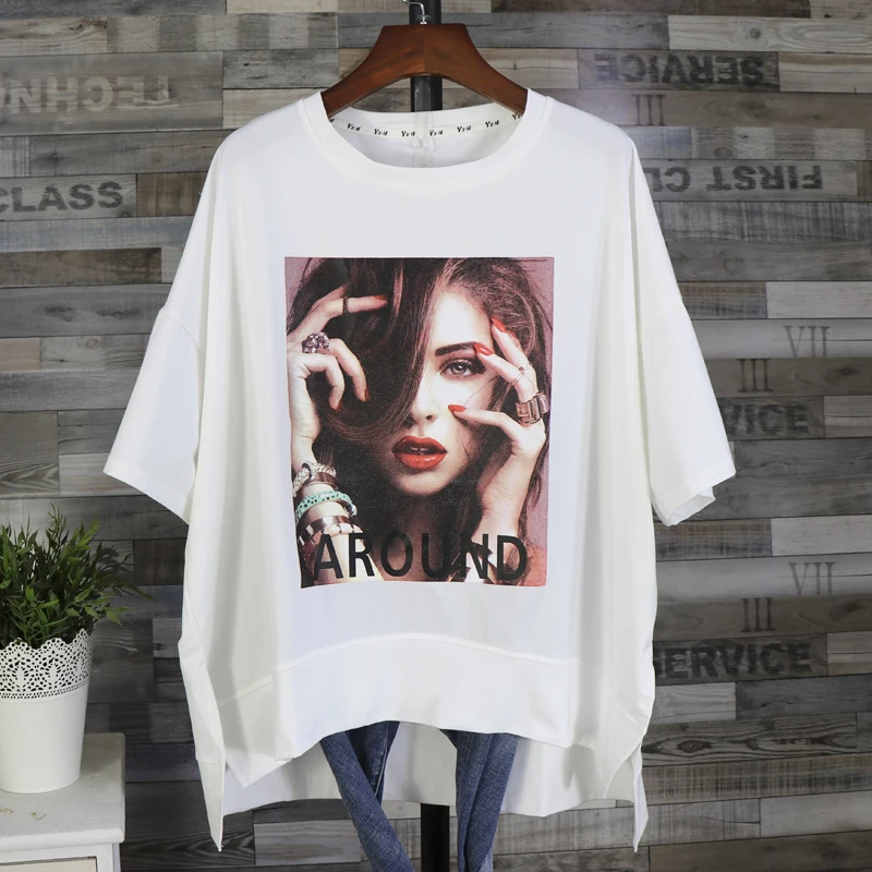 

New Summer Short Sleeve Large Size T Shirt Tops Female All Match Medium Length Cotton Tshirt Beauty Printed Side Fork