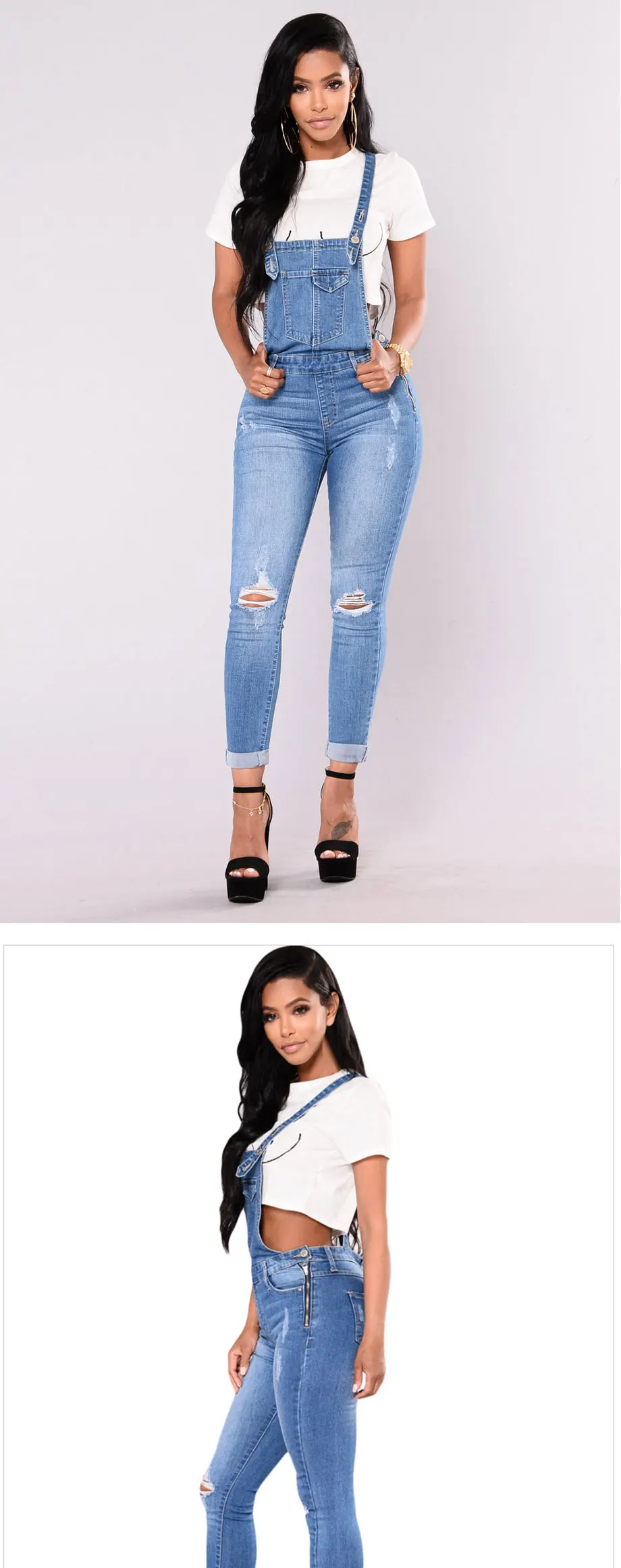 2019The Новый нагрудник pantsMid Талия Тонкий ремень обжимные рваные джинсы плюс размер женские джинсы