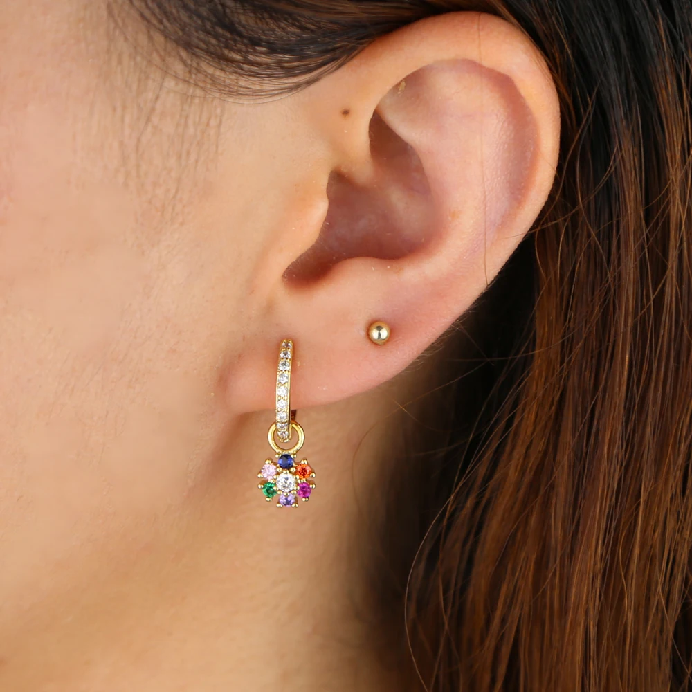 

Mini charm with rainbow cz flower charming earring for women delicate minimal colorful floating flower trendy fashion jewelry