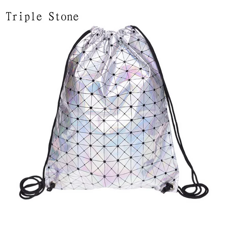 Triple Stone Hologram Holographic Lattice Silver Drawstring bag