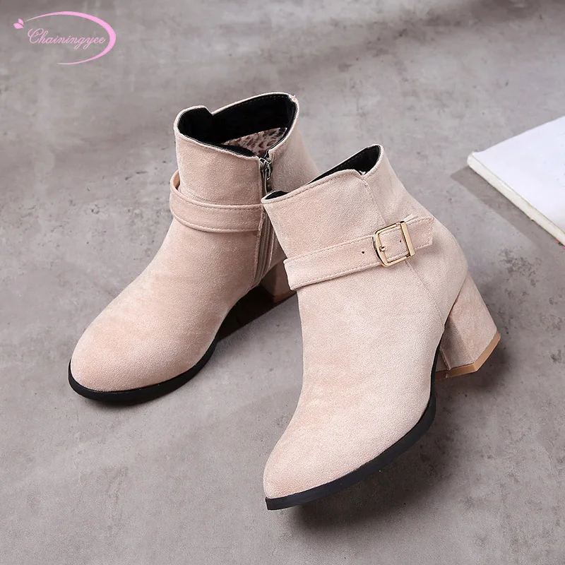 

Chinese casual style round toe nubuck ankle boots zipper belt buckle black apricot high heel thick riding boots women's shoes
