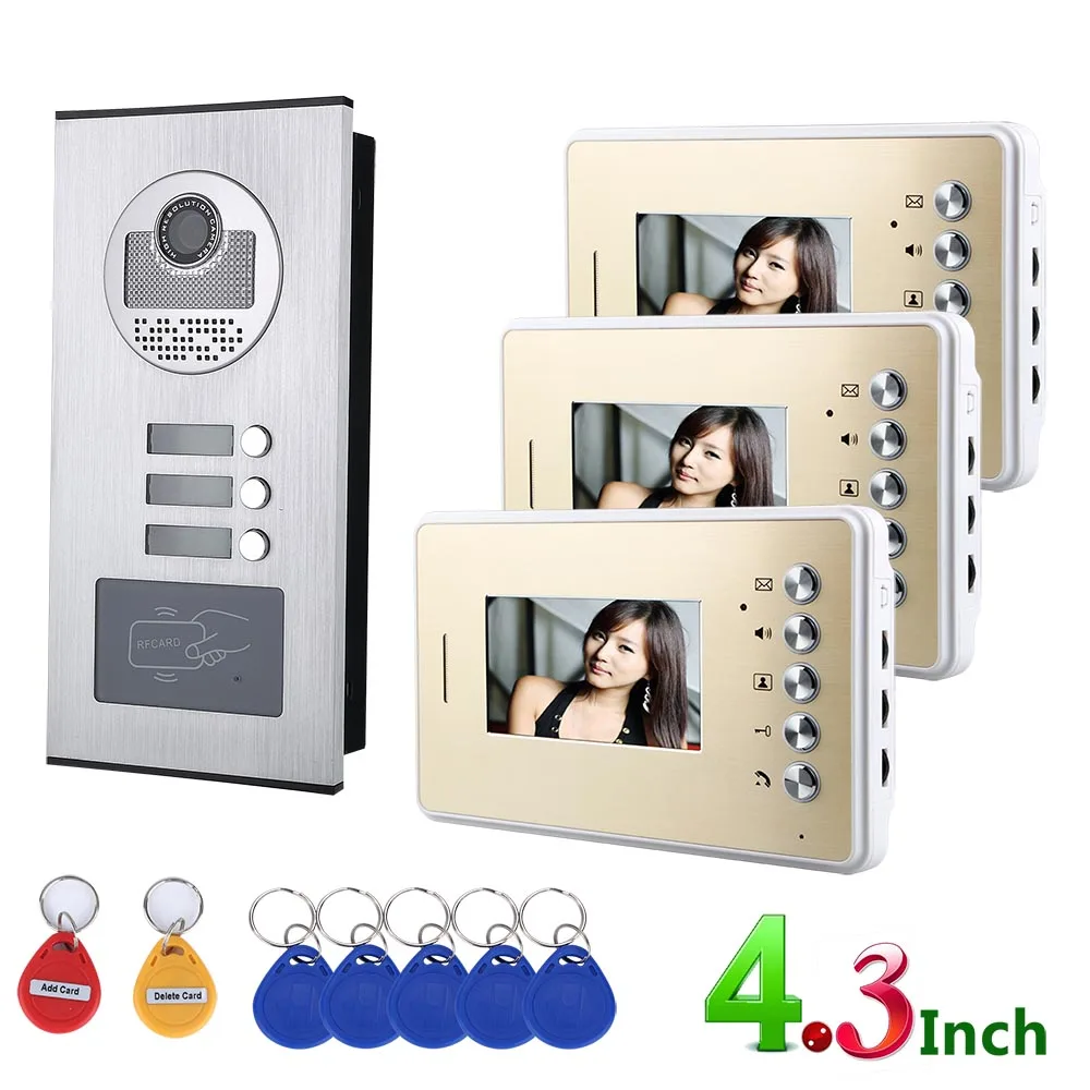 Видеодомофоны системы s 3 квартиры 4,3 дюймов видео телефон двери RFID IR-CUT HD 1000TVL дверные звонки камера