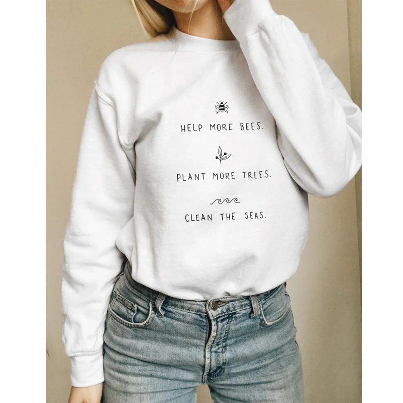 

Help More Bees Plant More Trees Clean The Seas Vintage Sweatshirt Women Clothing Casual Long Sleeve Pullover Hoodies Drop Ship