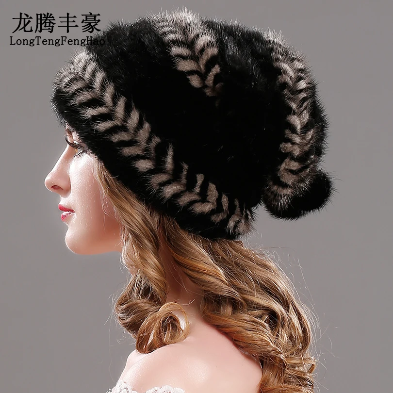 Sombreros de punto de piel de visón sombreros de Invierno para mujer gorra de piel Real Natural nueva marca de piel gorro de punto para mujer gorros de piel de visón genuino - 4