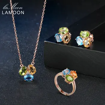 通販 Lamoon 100% 925 スターリングシルバージュエリーセット女性ナチュラルシトリンペリドットトパーズS925 女性V003-2