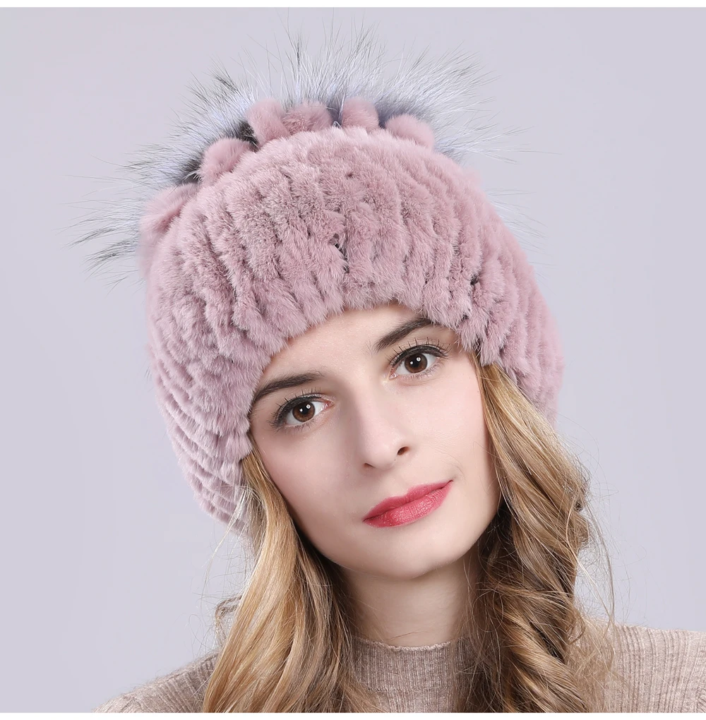 Women Natural Real Rex Rabbit Fur Beanies Hats Winter Warm Knitted Rex Rabbit Fur Caps New Female With Fox Fur Skullies Hat