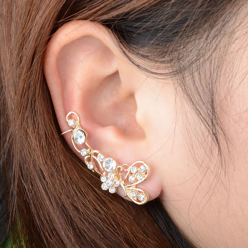 Retro Crystal Butterfly Flower Ear Cuff Earrings for Women Lady