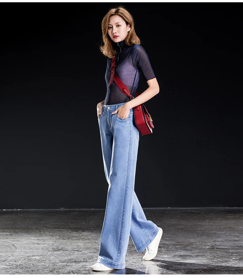 Новые женские длинные джинсы с высокой талией, высокое качество, свободные смягчители, широкие штаны с карманами на молнии, отбеленные, весна-лето