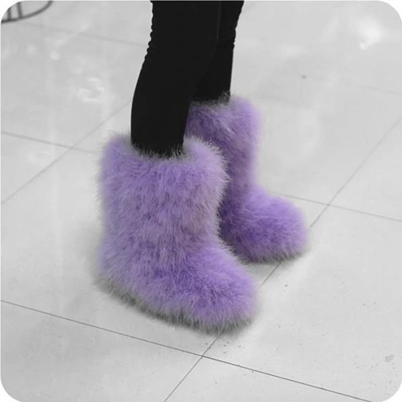 ASILETO/зимние женские теплые ботинки; теплые лыжные ботинки на плоской подошве с натуральным мехом страуса и перьями; botte T566 - Цвет: Purple  24cm