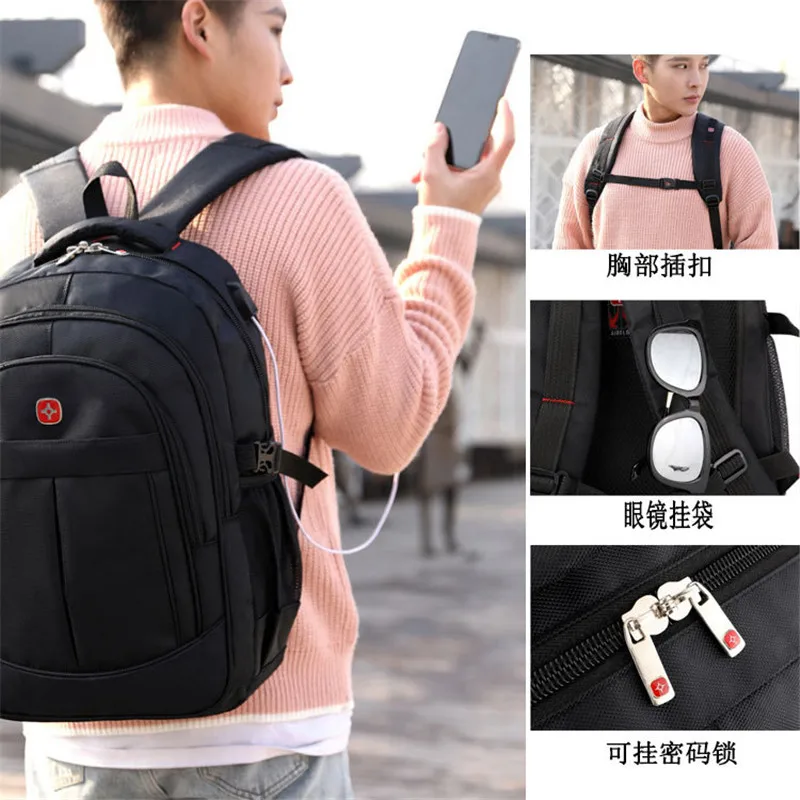 Swiss multifuncional 17 pulgadas hombre usb boy mochila impermeable para ordenador portátil mochila de nailon para hombre bolsa de viaje a Dos