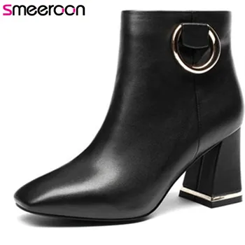 

Smeeroon fashion ankle boots for women cow genuine leather boots zip square toe autumn winter boots high heels party shoes