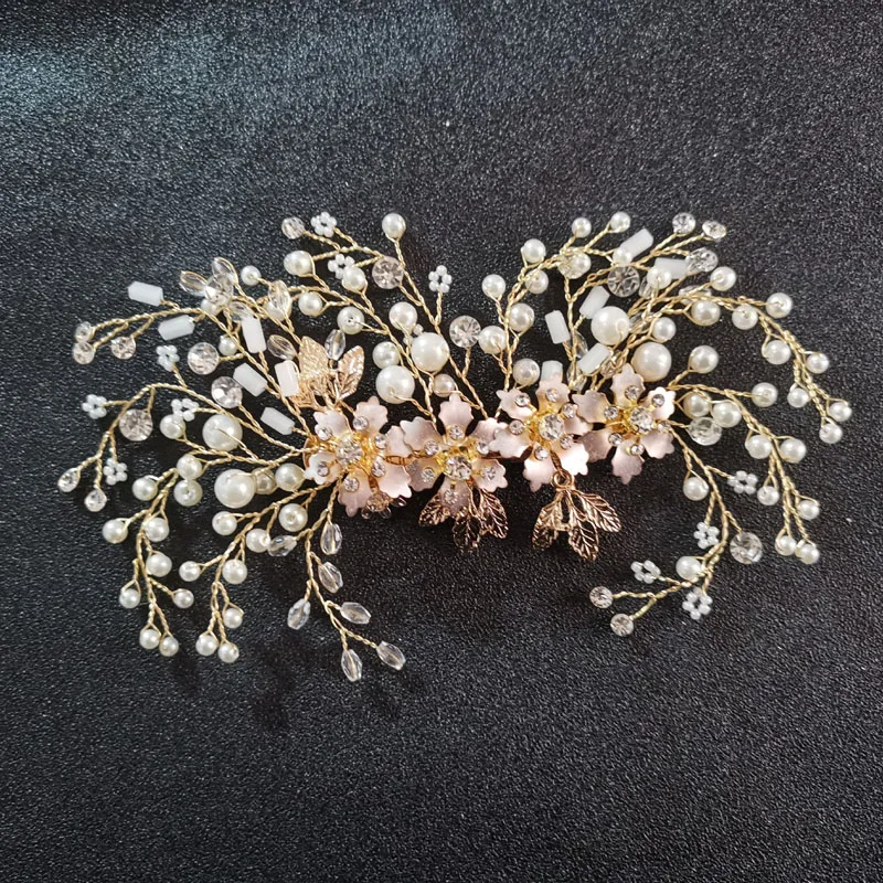 SLBRIDAL золотой кристалл горный хрусталь, жемчуг свадебный цветок зажим для волос Заколки свадебный головной убор аксессуары для волос Для