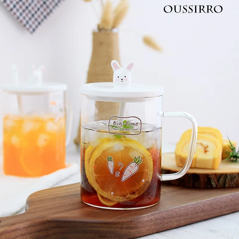 

500ml Cute Pink Rabbit Glass Coffee Mug with Lid and Spoon Coffee Milk Tea Water Cups Creative Gifts