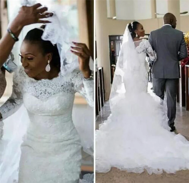 2019 Tassel Train Embroidered Tiered Mermaid Bridal Gowns With Buttons Plus Size Full Sleeves African Lace Wedding Gown | Свадьбы и