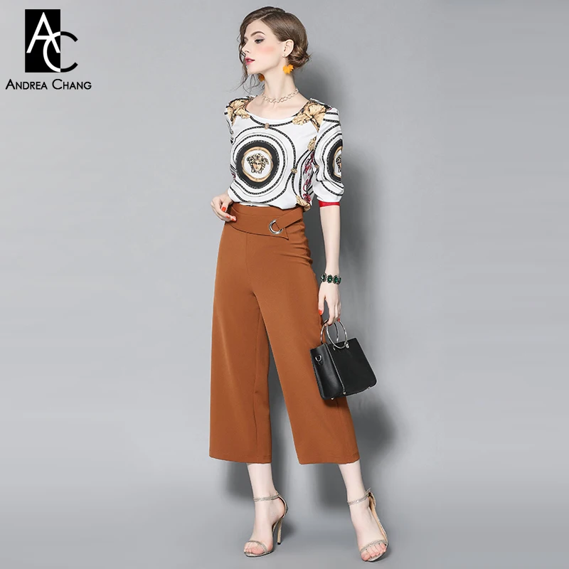 Image spring summer runway designer woman clothing set white blouse vintage pattern print calf length khaki pants fashion office suit