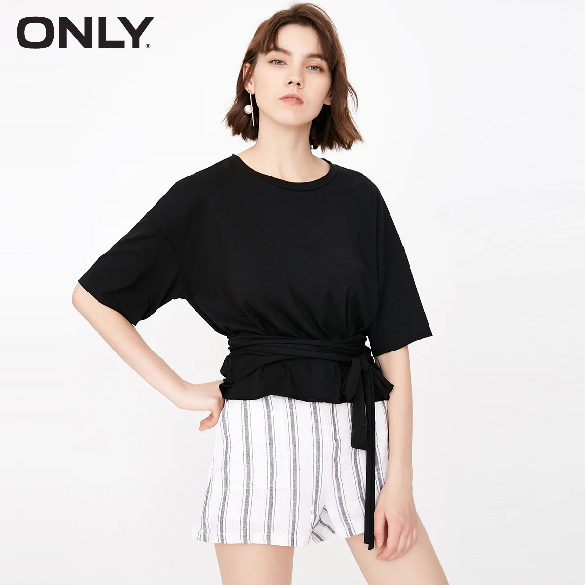 

ONLY 2019 Spring and Summer Women's Loose Fit Pure Color Lace-up Round Neckline Modal Short-sleeved T-shirt |118301507