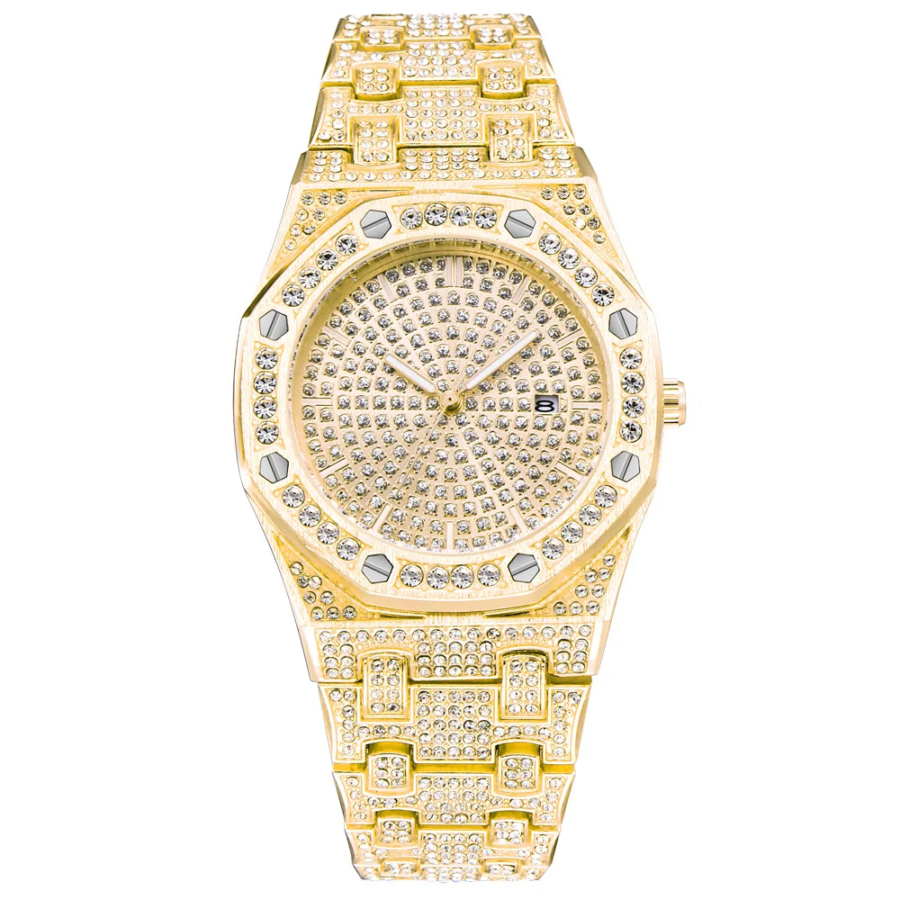 Yellow Gold Tone Men Dress Watches Bling Diamond Quartz font b Men s b font Business