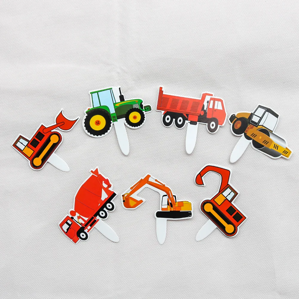 7pcs Cartoon Car Cake Topper Paperboard Excavator Upcake Toppers Christmas Decorations for Home Happy Birthday Cake Topper