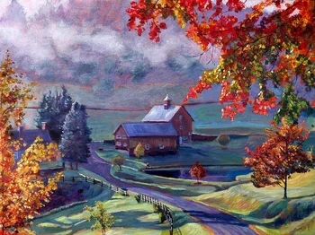 

Modern handmade painting Autumn village on oil painting canvas for living room decor and wall art poster , gallery