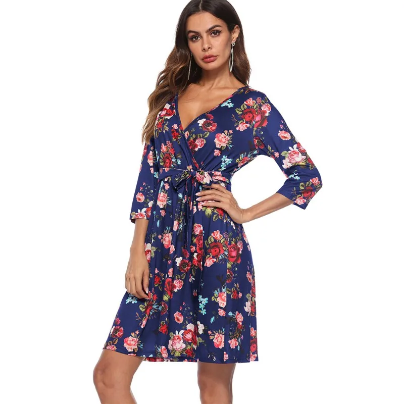 Belt Bandage Summer Dress Print Floral Sexy V Neck Dress 3/4 Sleeve ...