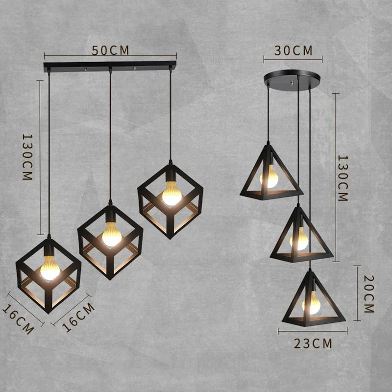Industrial Wrought Iron Pendant Lamp Cube Triangle Drum Drop Lighting Retro Loft Pendant Light Indoor Lights Restaurant Dining Room Bar Home Light (29)