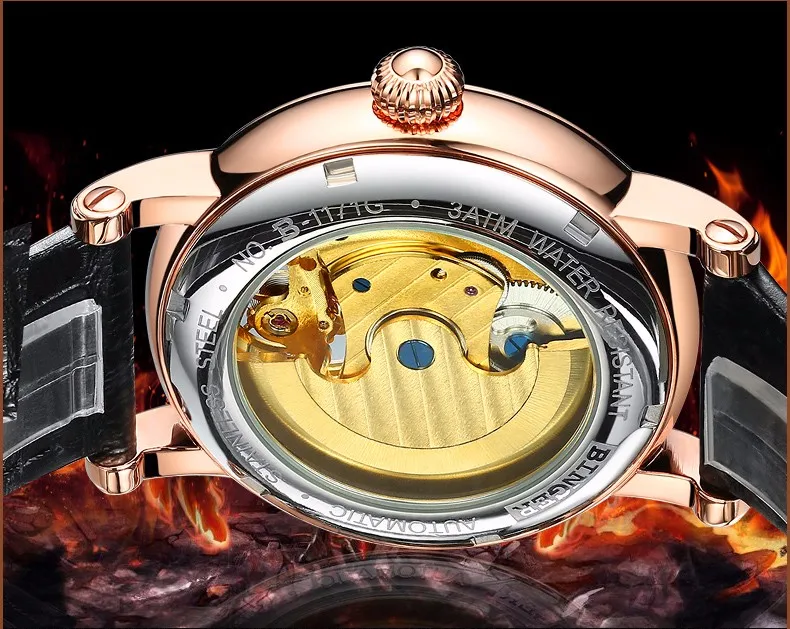 Cena BINGER luksusowa marka w stylu Retro fazy księżyca automatyczne zegarek mechaniczny zegarek skórzany pasek zegarek szkieletowy z tourbillonem zegarki erkek kol saati