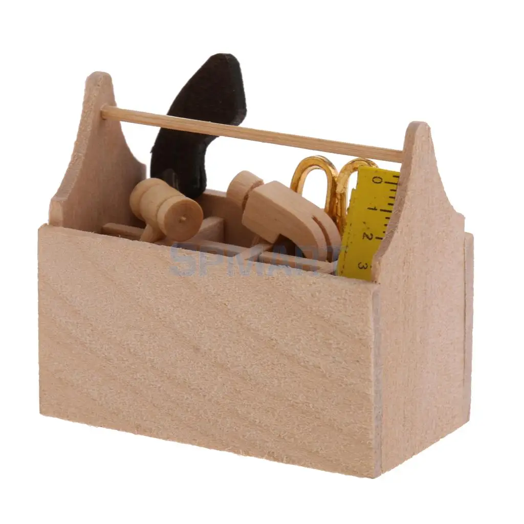 1:12 Dolls House Wooden Toolkit Toolbox Furniture Set for Dollhouse Furniture Decor Accs - Scissors Hammer Sawtooth Box
