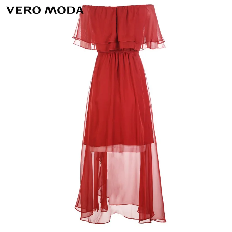 Vero Moda 2019 летнее платье пляжное шифоновое с вырезом лодочкой и оборками |