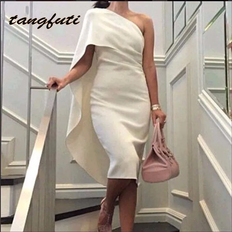 

Saudi Arabia Evening Dresses New One Shoulder Tea Length Formal Evening Gown Robe De Custom Made Sheath Cheap Evening Party