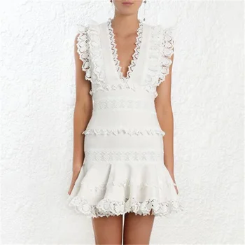 

Summer Dress 2019 Sexy Deep V-neck Hollow Out Lace Patchwork Dresses High Waist Ruffles Mini Mermaid Dresses Female