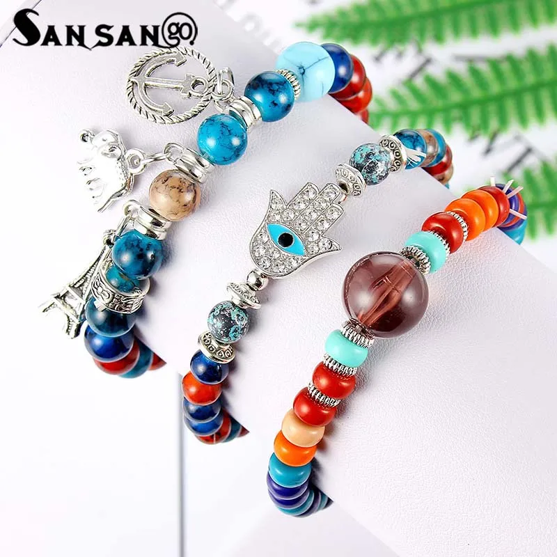 

3pcs Bohemian Handmade Colorful Elastic Beads Set Bracelet Hamsa Hand Elephant Anchor Tower Charms Bracelets & Bangles For Women