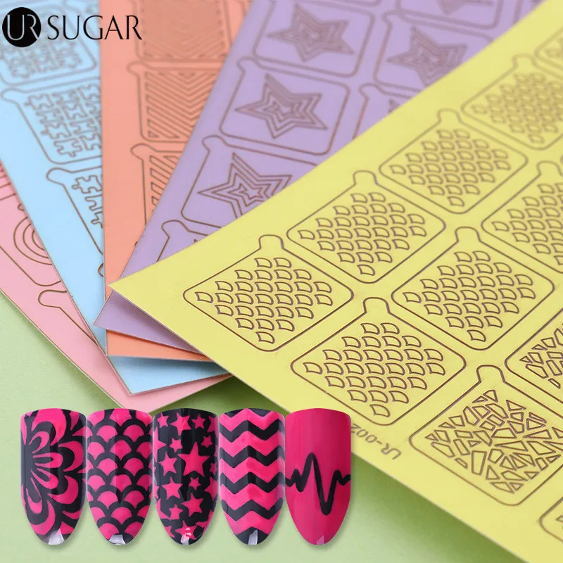 

UR SUGAR 2 Patterns Adhesive Nail Vinyls Hollow Floral Watermarble Star Nail Art Stencil Transfer Stickers for Nail Polish Decor