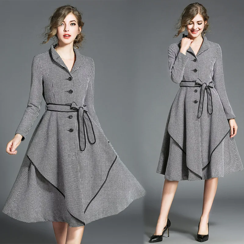 

2019 Early Spring Plover Case OL Work Dress PU Spliced Metal Buttons Dress LONG Sleeve Woollen Tweed Dress