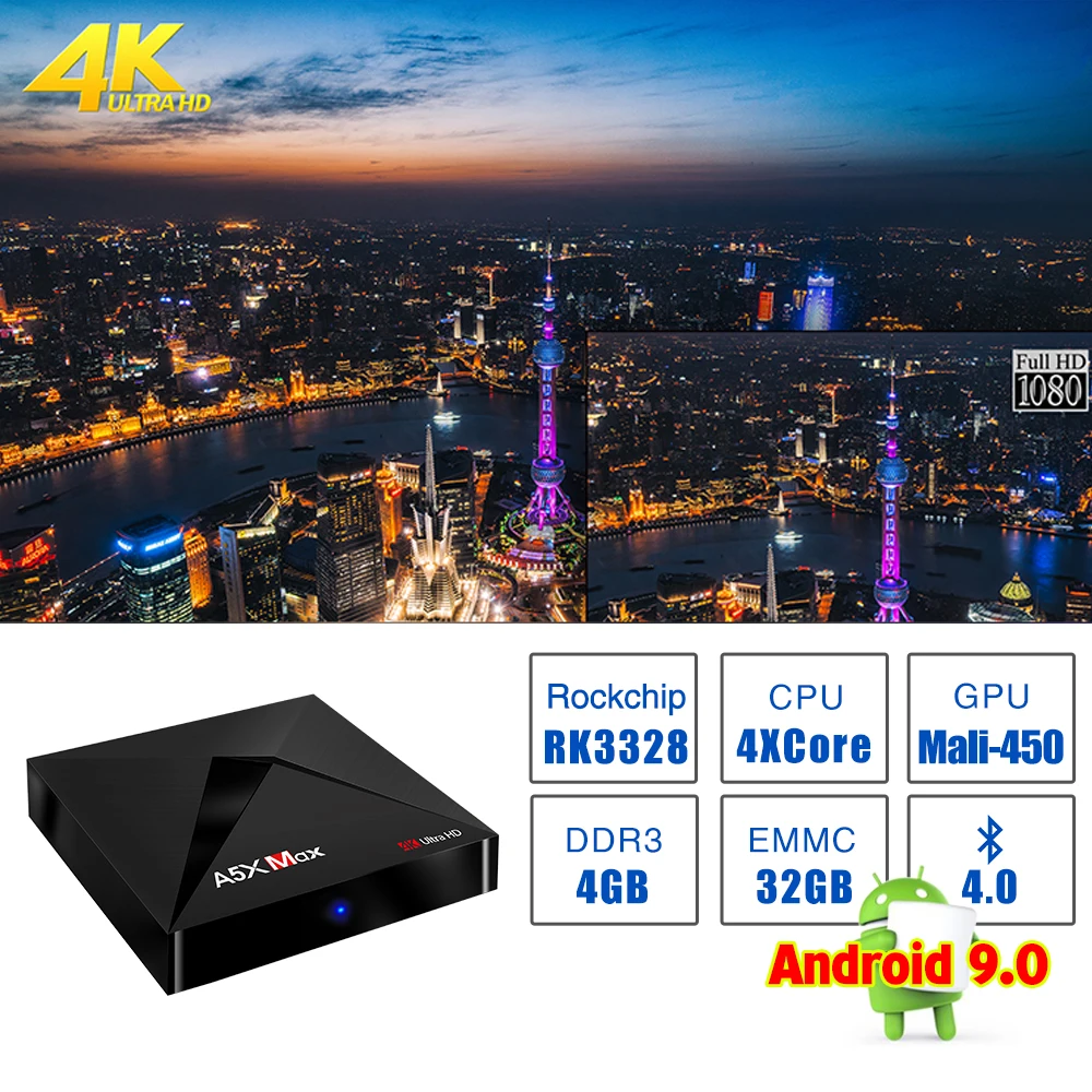 A5X MAX 4G+32G Smart Android 9.0 TV Box RK3328 Quad-Core Support 4K DH 3.0 USB 2.4G Wifi Bluetooth 4.1 Set Top Box