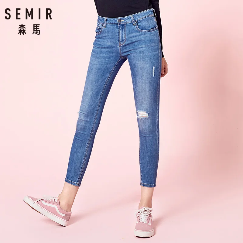 

SEMIR Jeans Female 2018 Autumn New Nine Pants Slim Feet Thin Women Pants Korean Version Old Hole BF Slim Trousers For Women