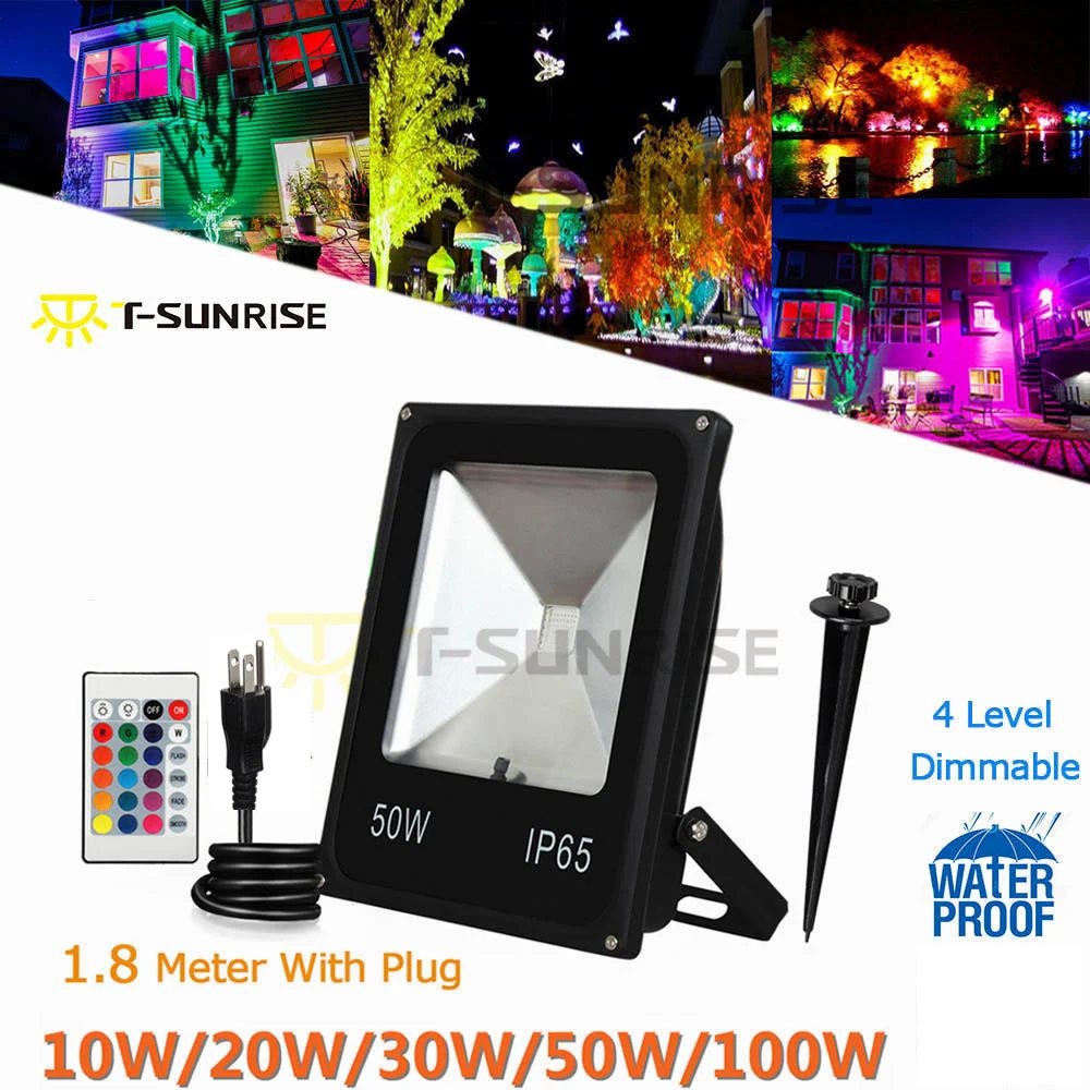 

T-SUNRISE 50W RGB Flood Lights Outdoor Color Changing IP65 LED Security Light Spotlight with Remote Control & US Plug for Garden