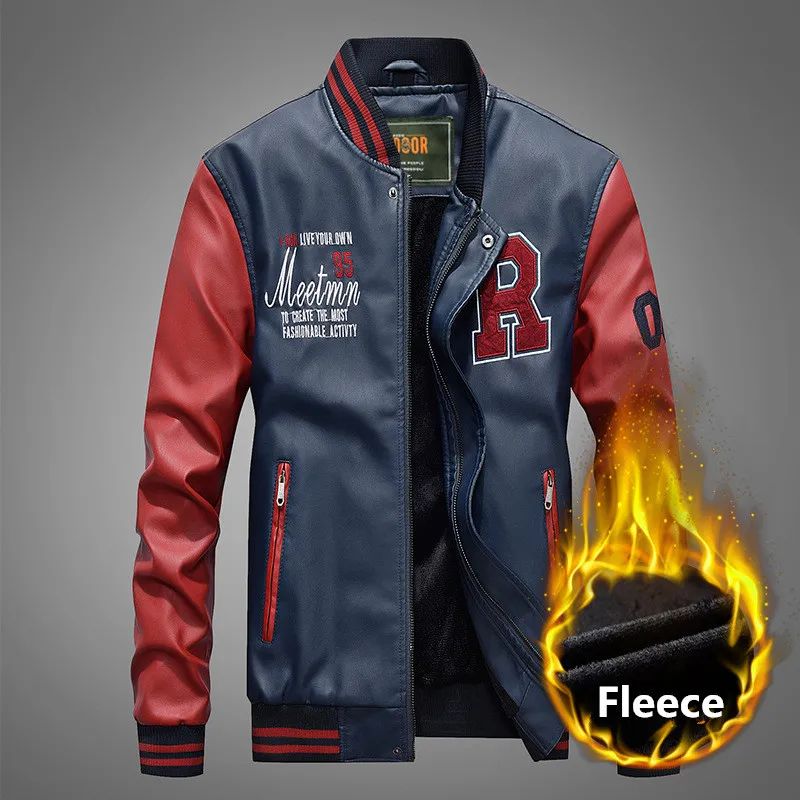 Men Baseball Leather Jacket Embroidered Pu Motorcycle Coats Slim Fit College Fleece Luxury Jackets Men's Stand Collar Top | Мужская