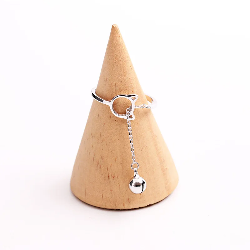 cute cat bell Ring 100% Sterling 925 silver Jewelry Vintage Adjustable rings for women gift