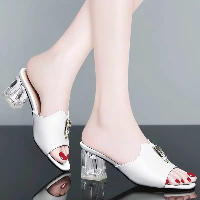 

Summer Ladies Slippers Female Crystal Bling Metal Buckle Women Slippers Plus Size Square Transparent High Heels Sexy Shoes Woman