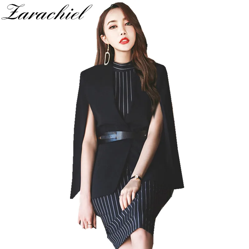 

Zarachiel Autumn Winter Two Piece Set 2019 Women Black Shawl Poncho Blazer Suit Jacket Cloak + Striped Sleeveless Bodycon Dress
