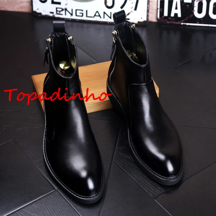 

Topadinho2017 Autumn/Winter Men'S Chelsea Black Leather Short Boots Chaussure Homme Hiver Zipper High Quality Ankle Boots Men